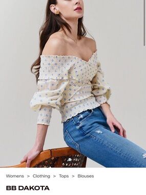 BB Dakota Cream Off-Shoulder Smocked Blouse with Light Blue Dot Print